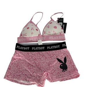 NWT Playboy pink white bra and boyshort set bunny logos /lips size Small 2-piece